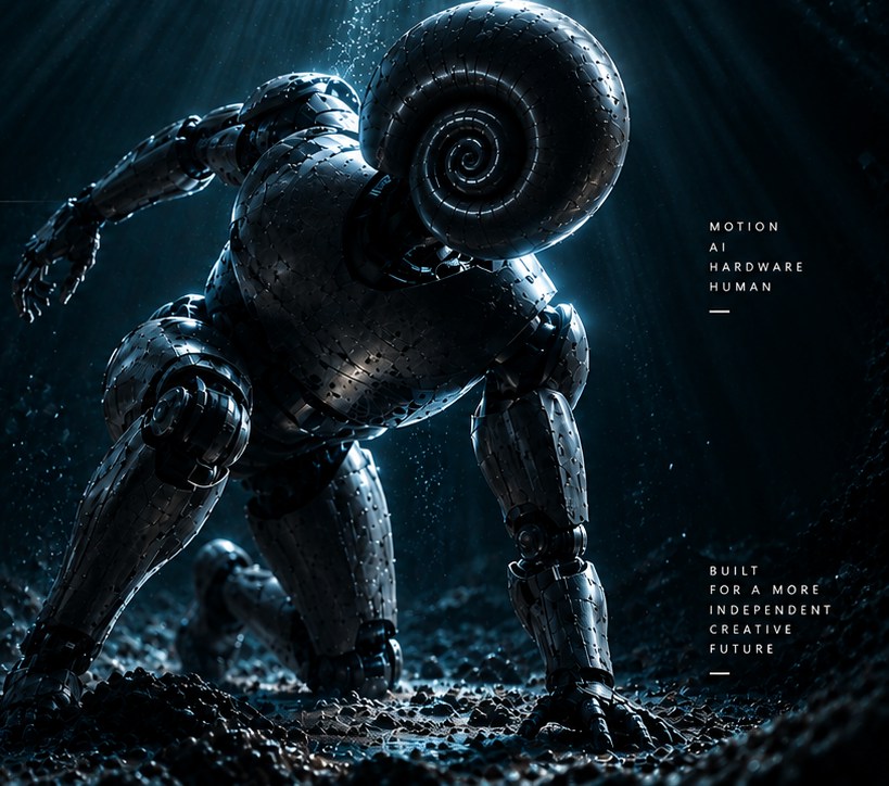 A biomechanical, ram-horned figure kneels underwater beneath shafts of light — motion, AI, hardware, human.